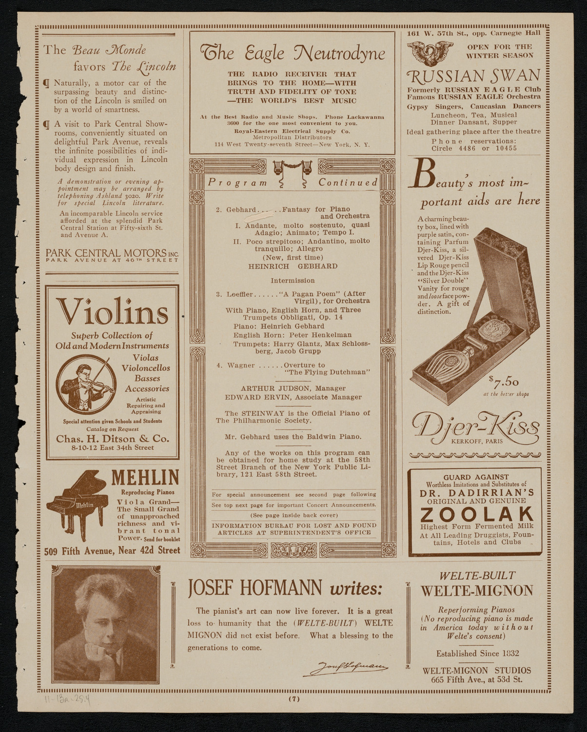 New York Philharmonic, November 13, 1925, program page 7