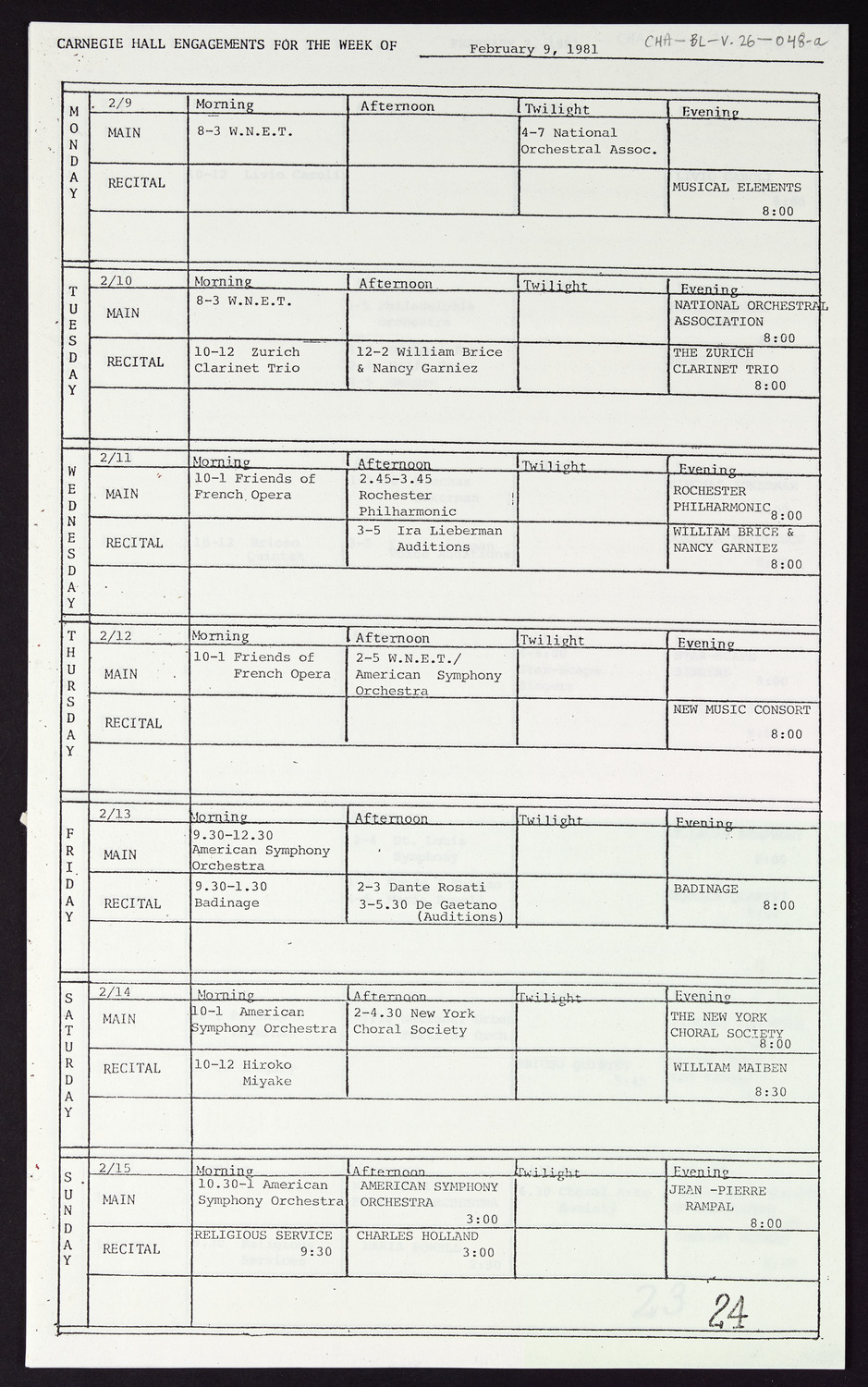 Carnegie Hall Booking Ledger, volume 26, page 48a