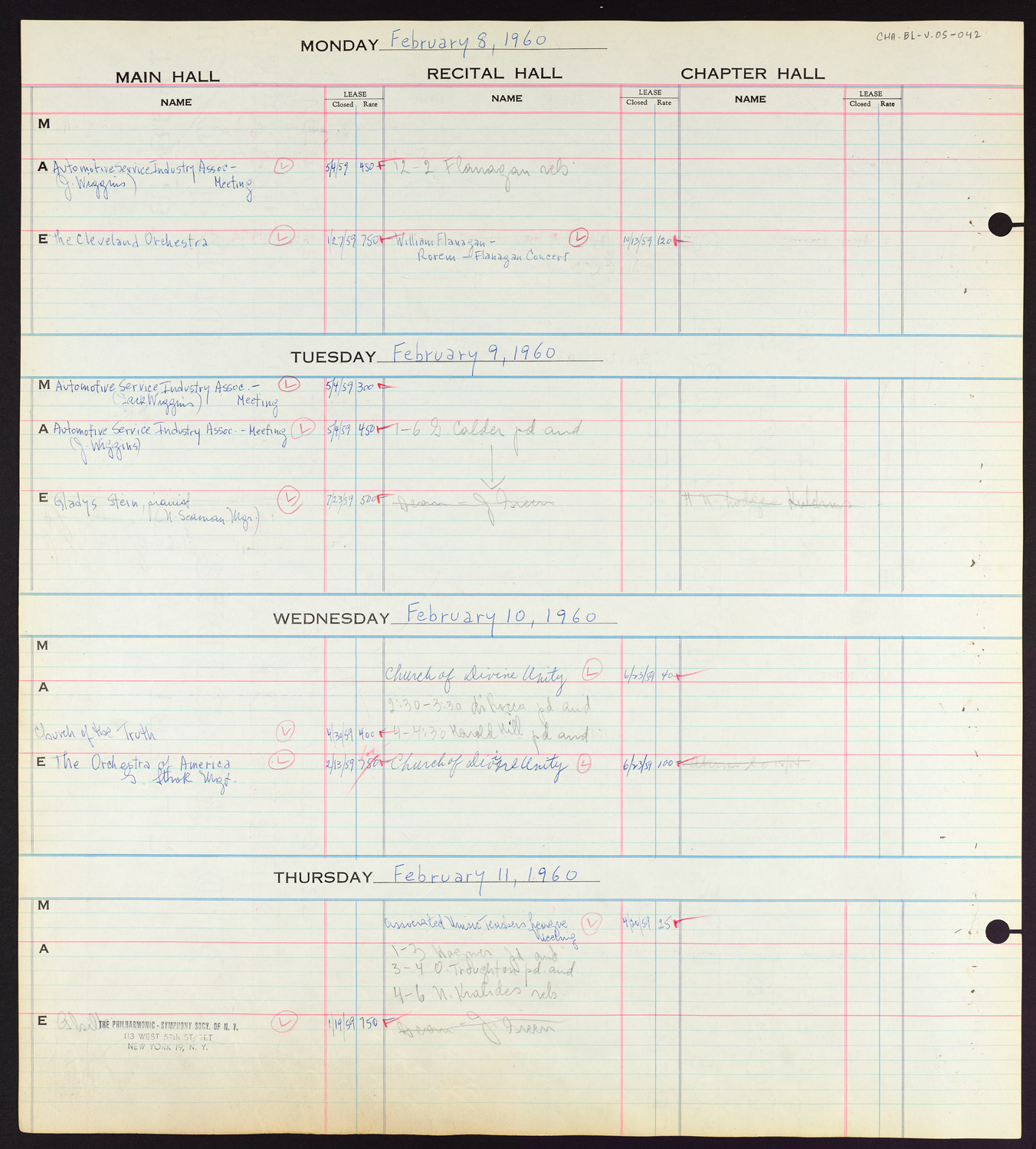 Carnegie Hall Booking Ledger, volume 5, page 42