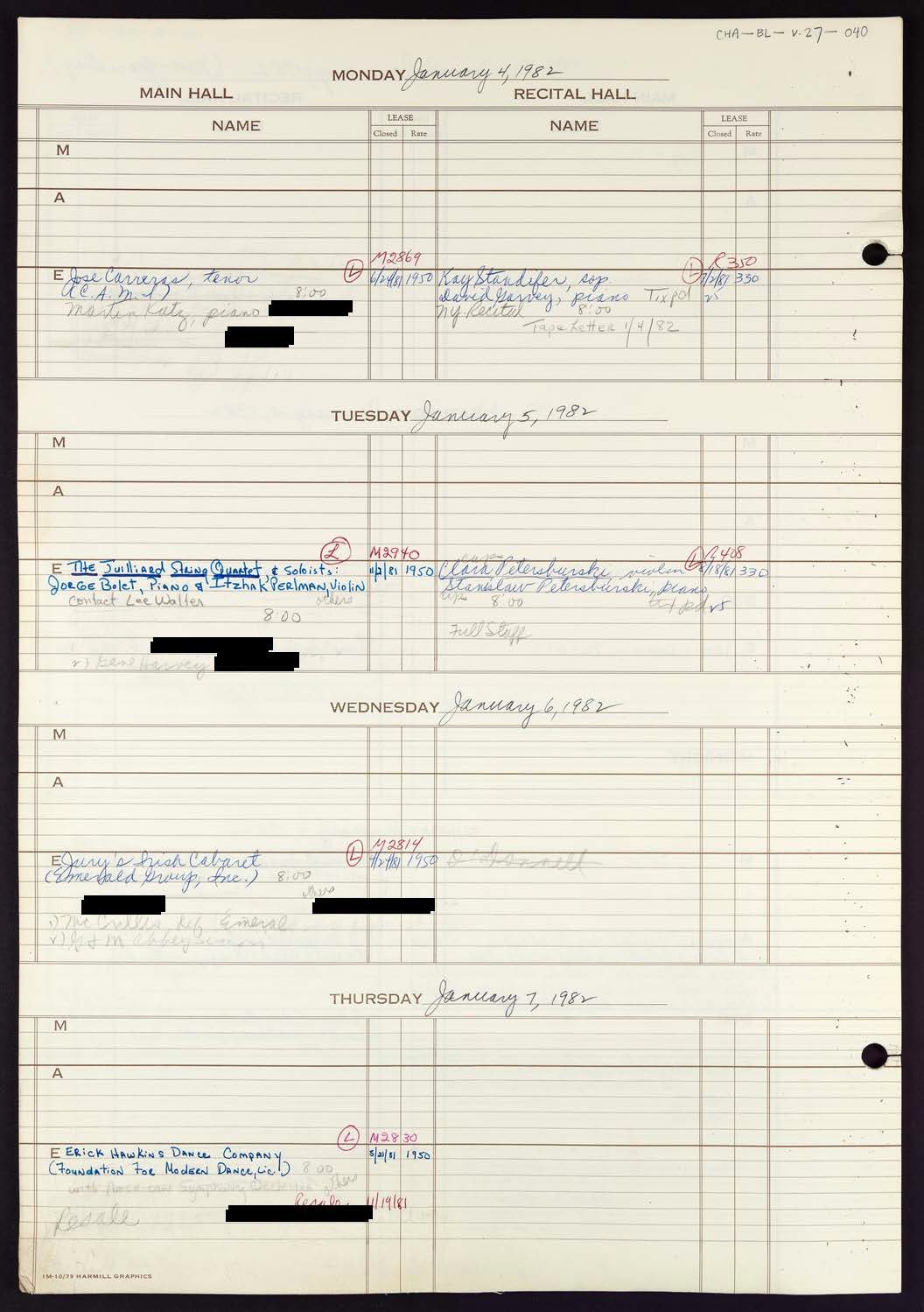 Carnegie Hall Booking Ledger, volume 27, page 40