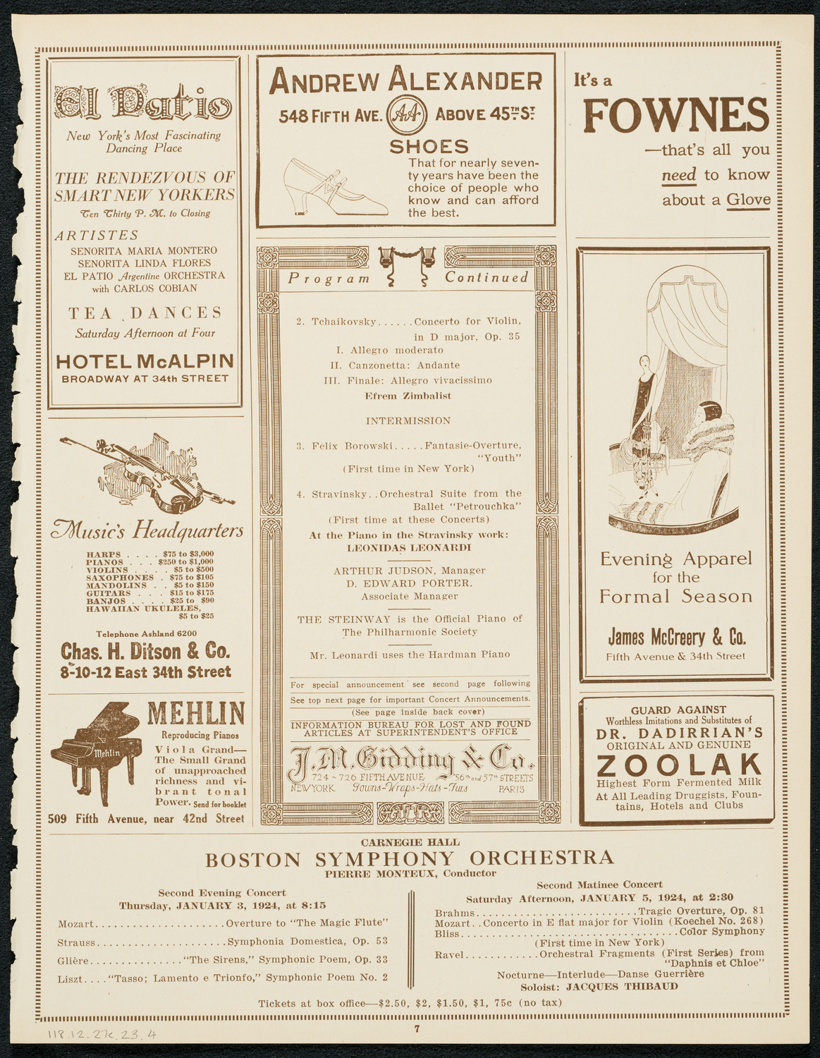 New York Philharmonic, December 27, 1923, program page 7