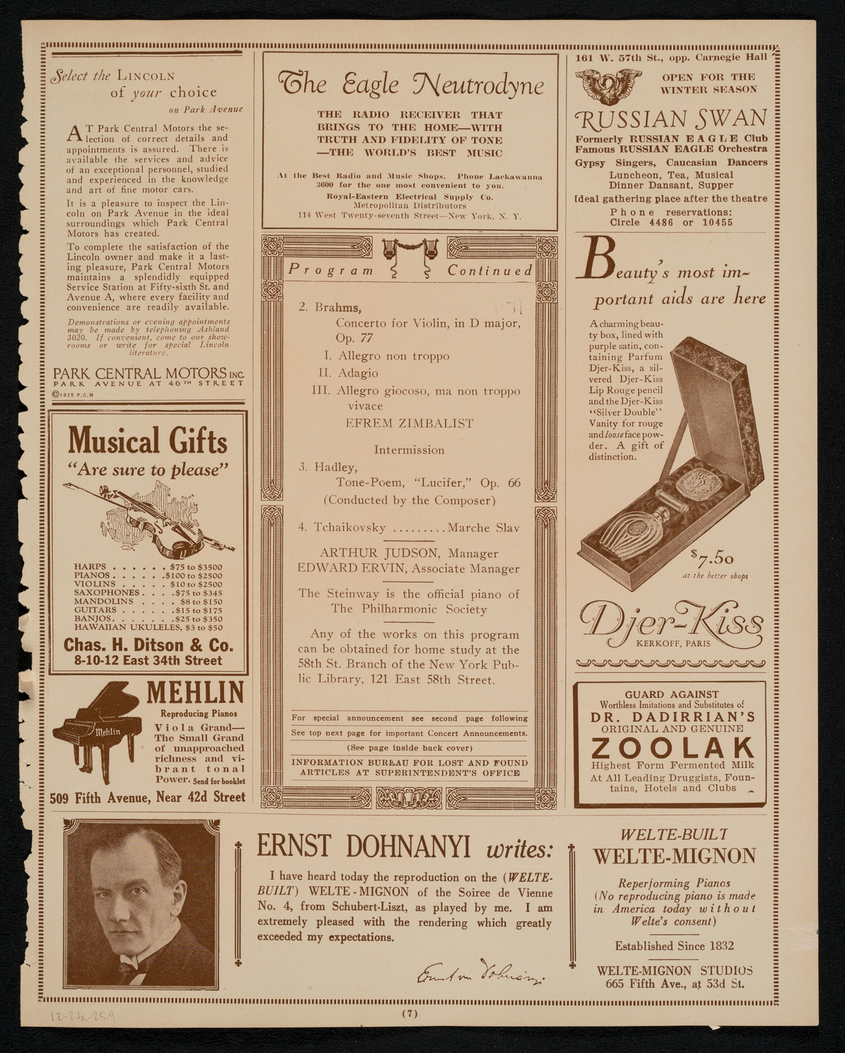 New York Philharmonic, December 27, 1925, program page 7