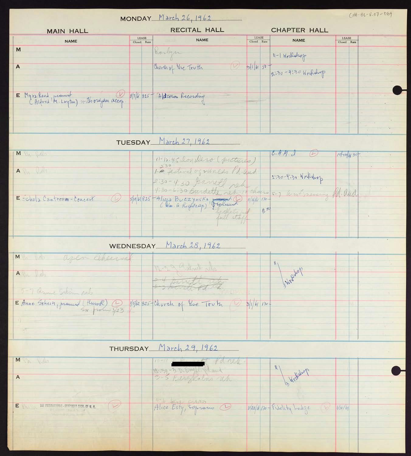 Carnegie Hall Booking Ledger, volume 7, page 64