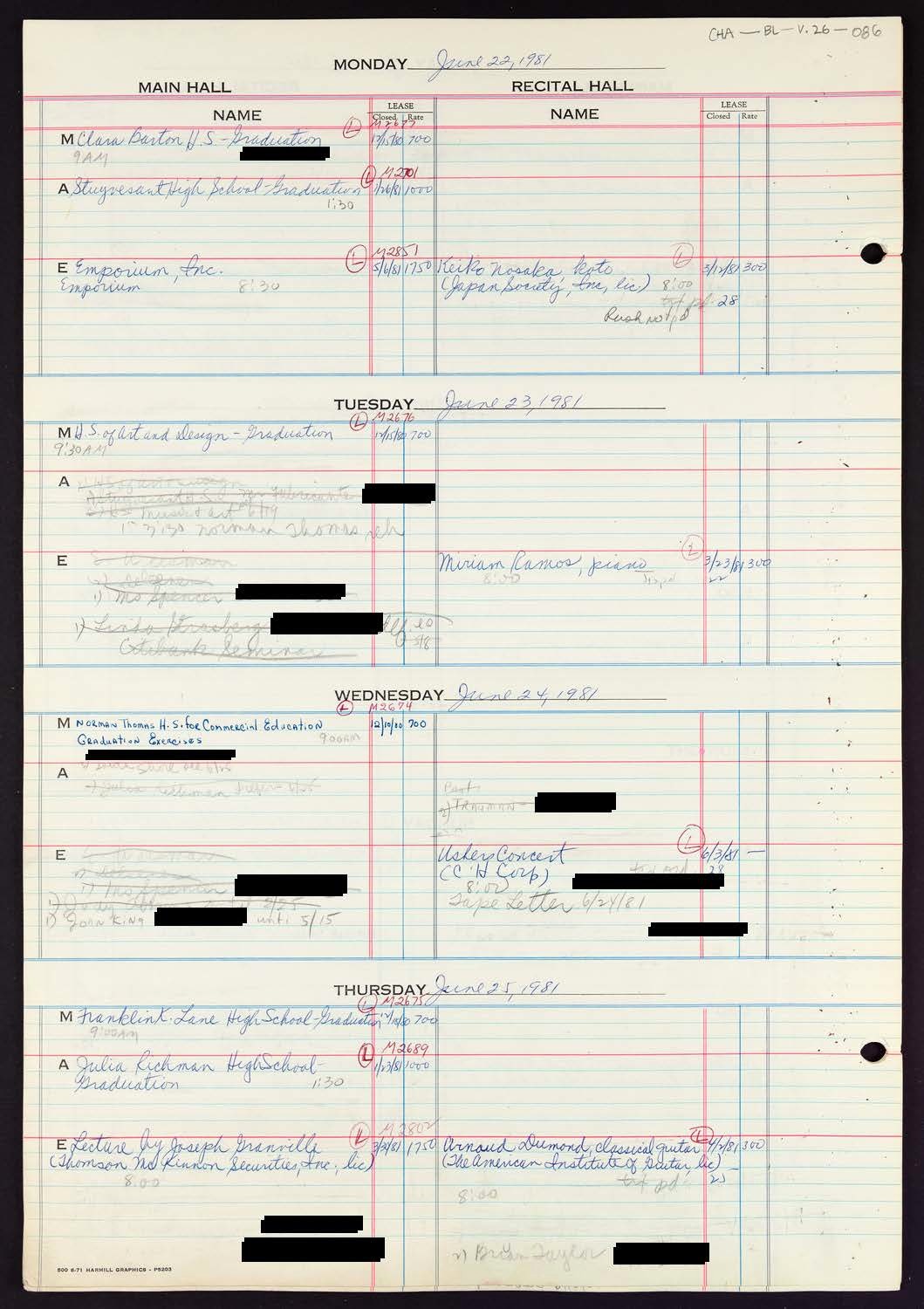 Carnegie Hall Booking Ledger, volume 26, page 86