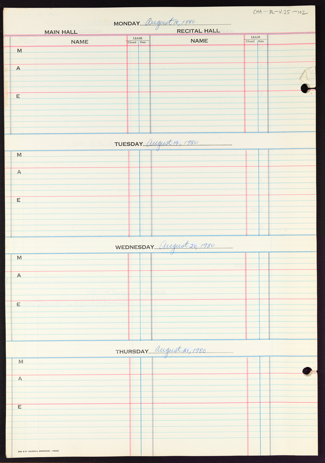 Carnegie Hall Booking Ledger, volume 25, page 102