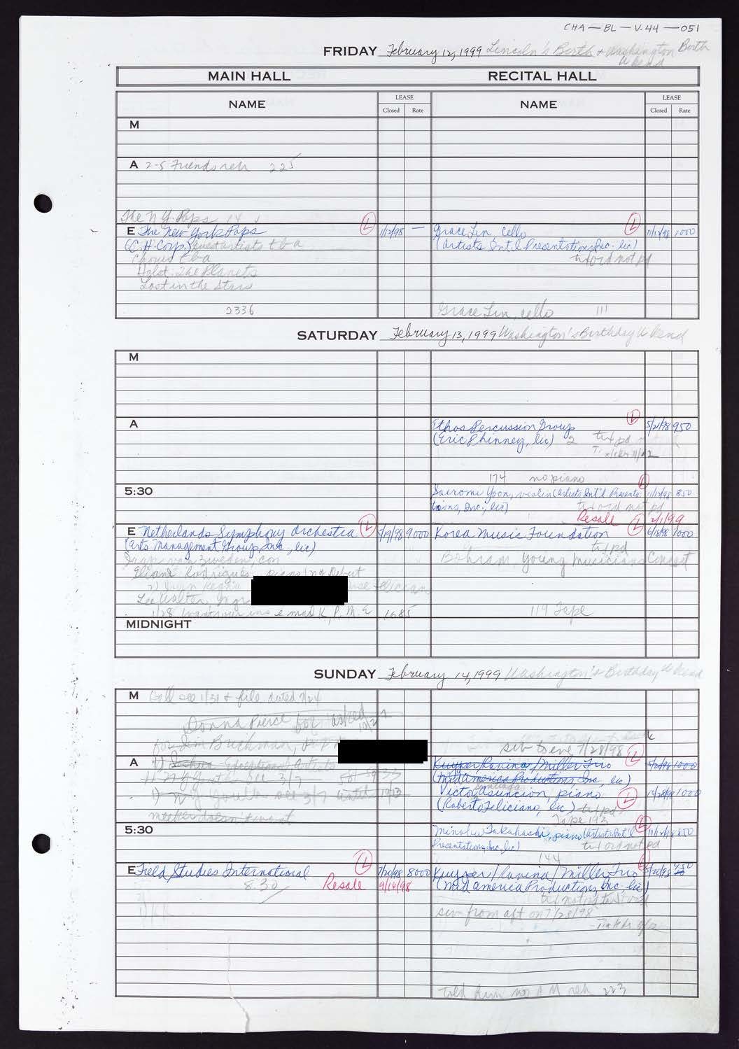 Carnegie Hall Booking Ledger, volume 44, page 51