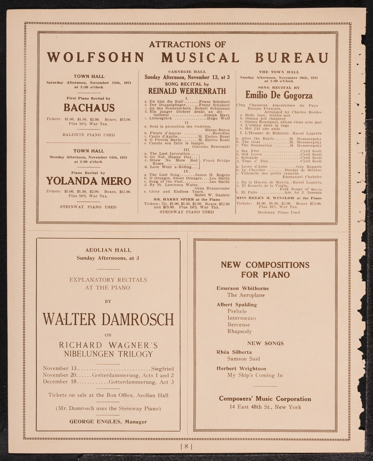Elly Ney, Piano, November 8, 1921, program page 8