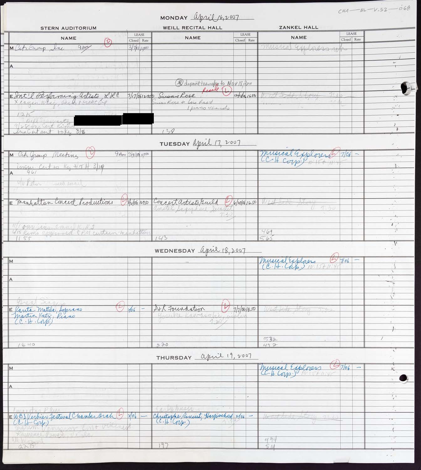 Carnegie Hall Booking Ledger, volume 52, page 68