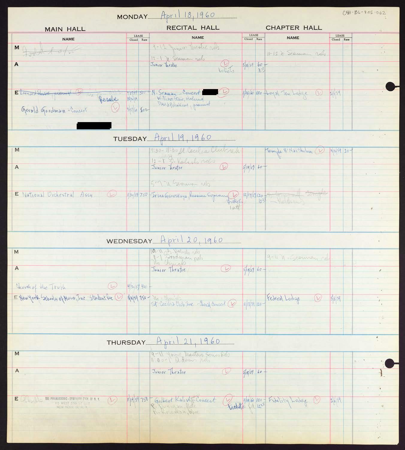 Carnegie Hall Booking Ledger, volume 5, page 62