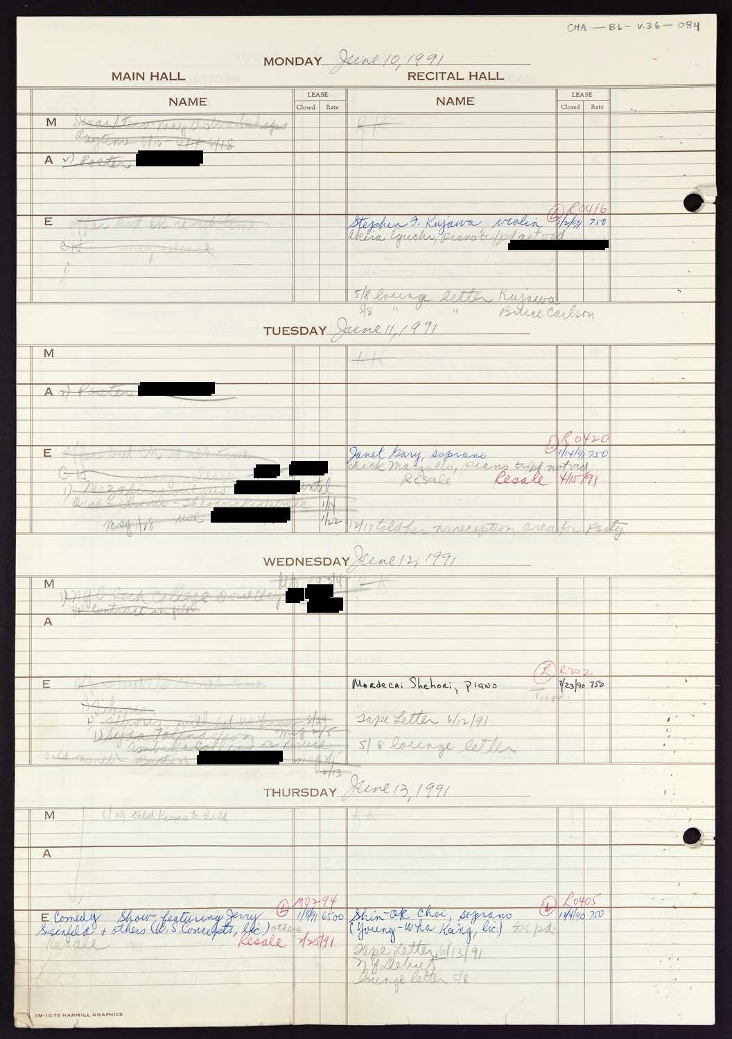 Carnegie Hall Booking Ledger, volume 36, page 84