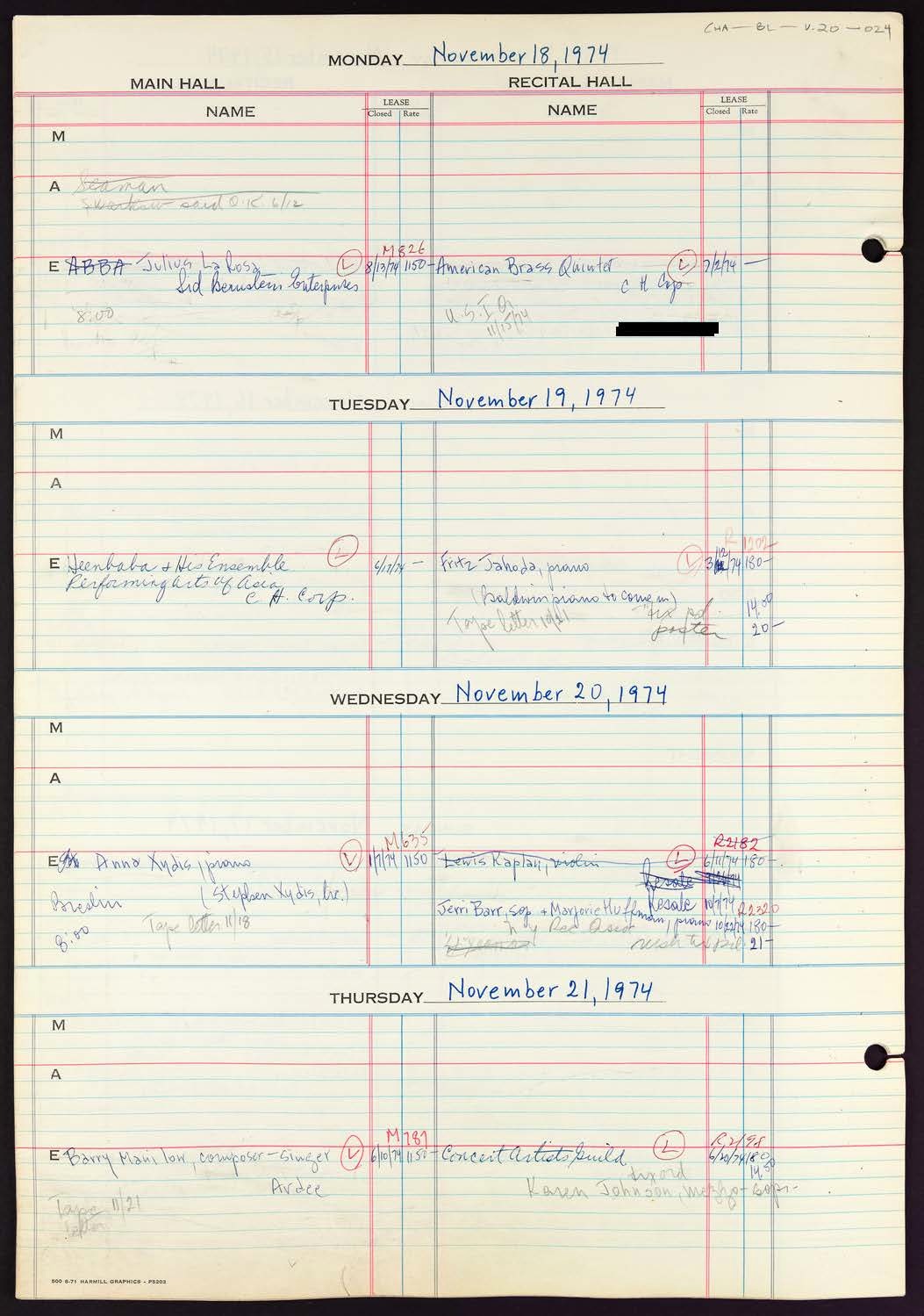 Carnegie Hall Booking Ledger, volume 20, page 24