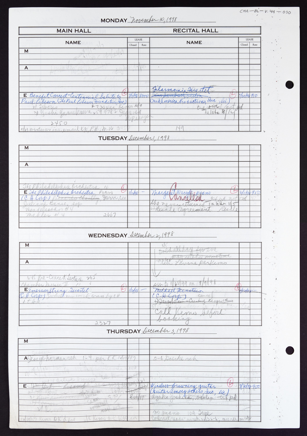 Carnegie Hall Booking Ledger, volume 44, page 30