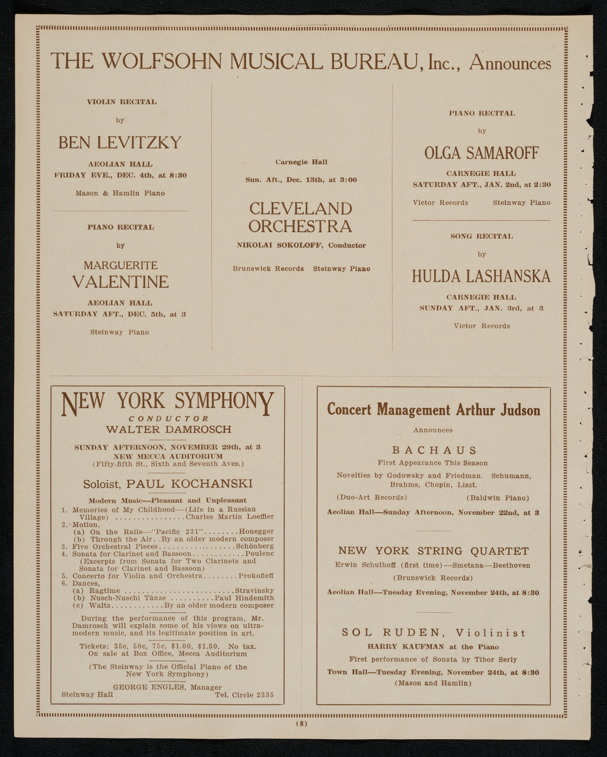 New York Philharmonic, November 22, 1925, program page 8