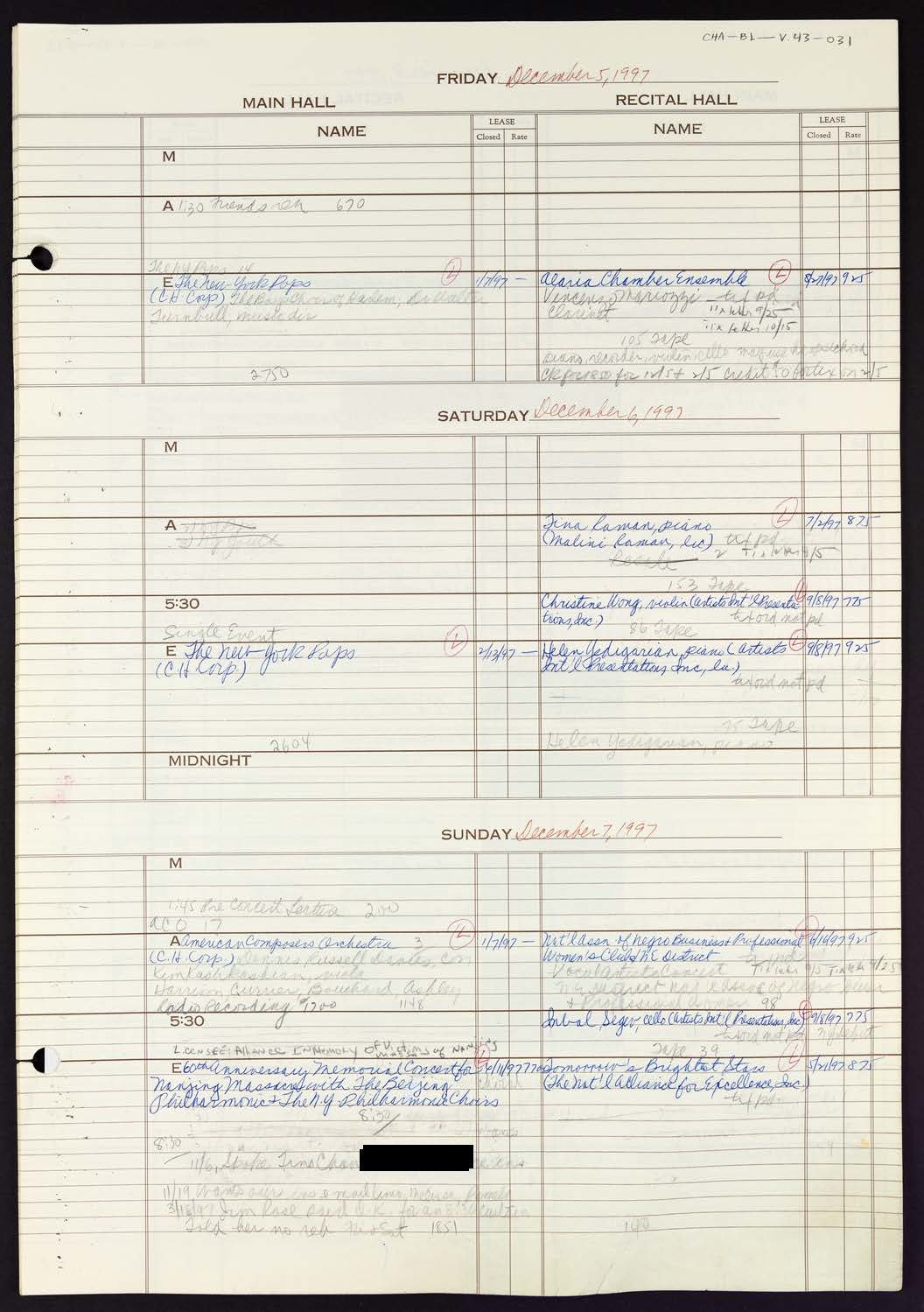 Carnegie Hall Booking Ledger, volume 43, page 31