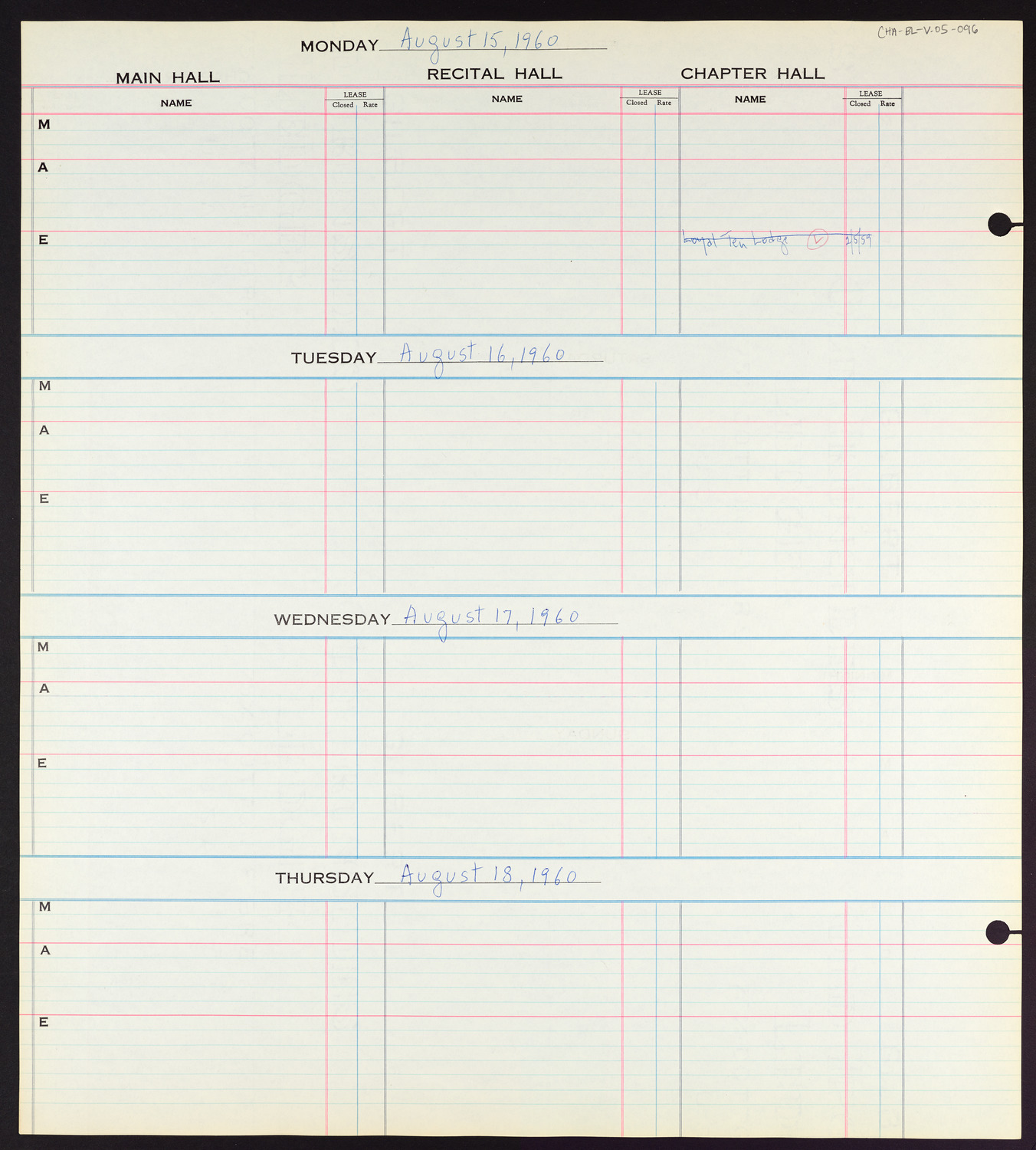 Carnegie Hall Booking Ledger, volume 5, page 96