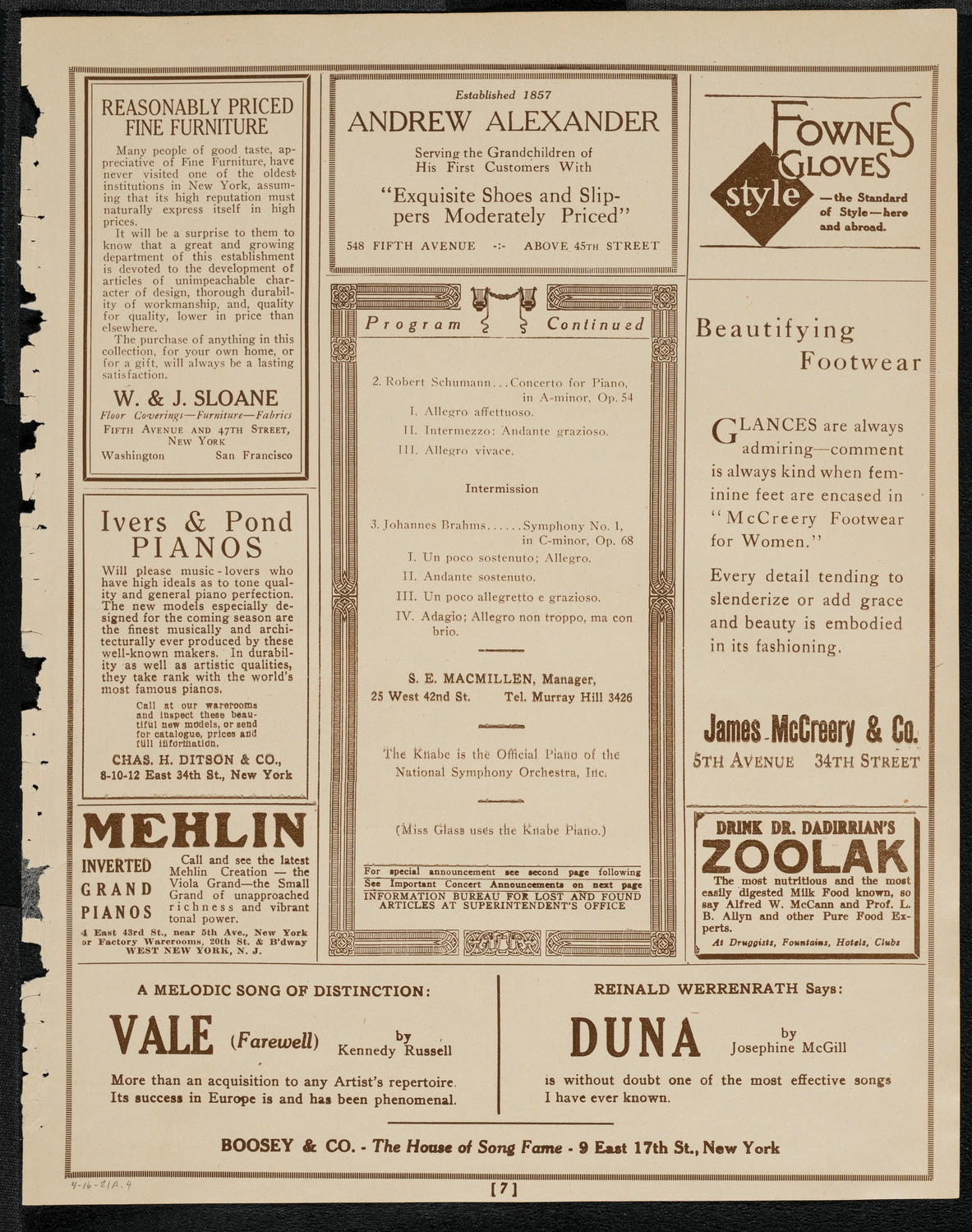 National Symphony Orchestra, April 16, 1921, program page 7