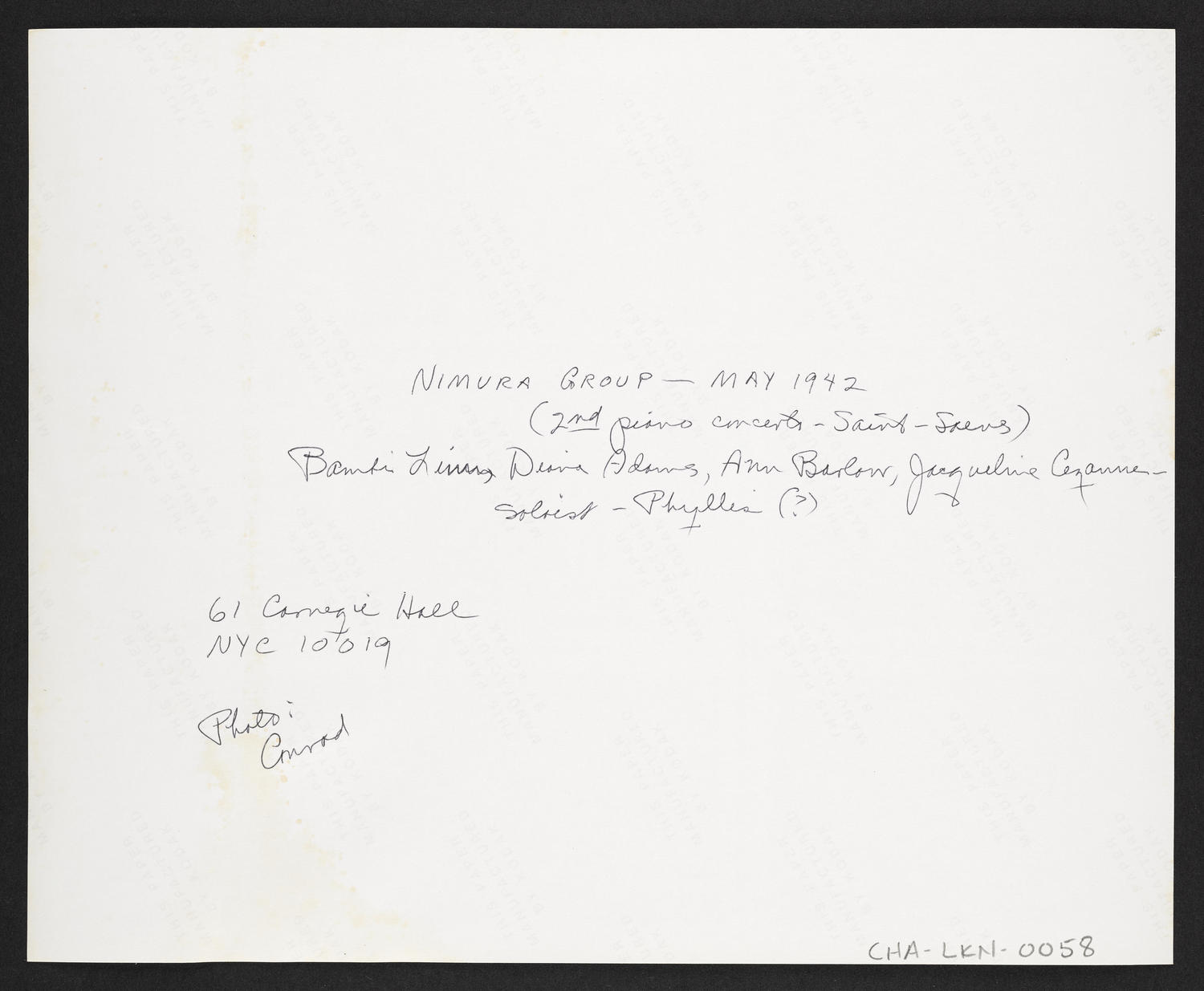 Bambi Linn, Diana Adams, Ann Barlow, and Jacqueline Cezanne at Ballet Arts, Carnegie Hall Studio #61, May 1942 (back)