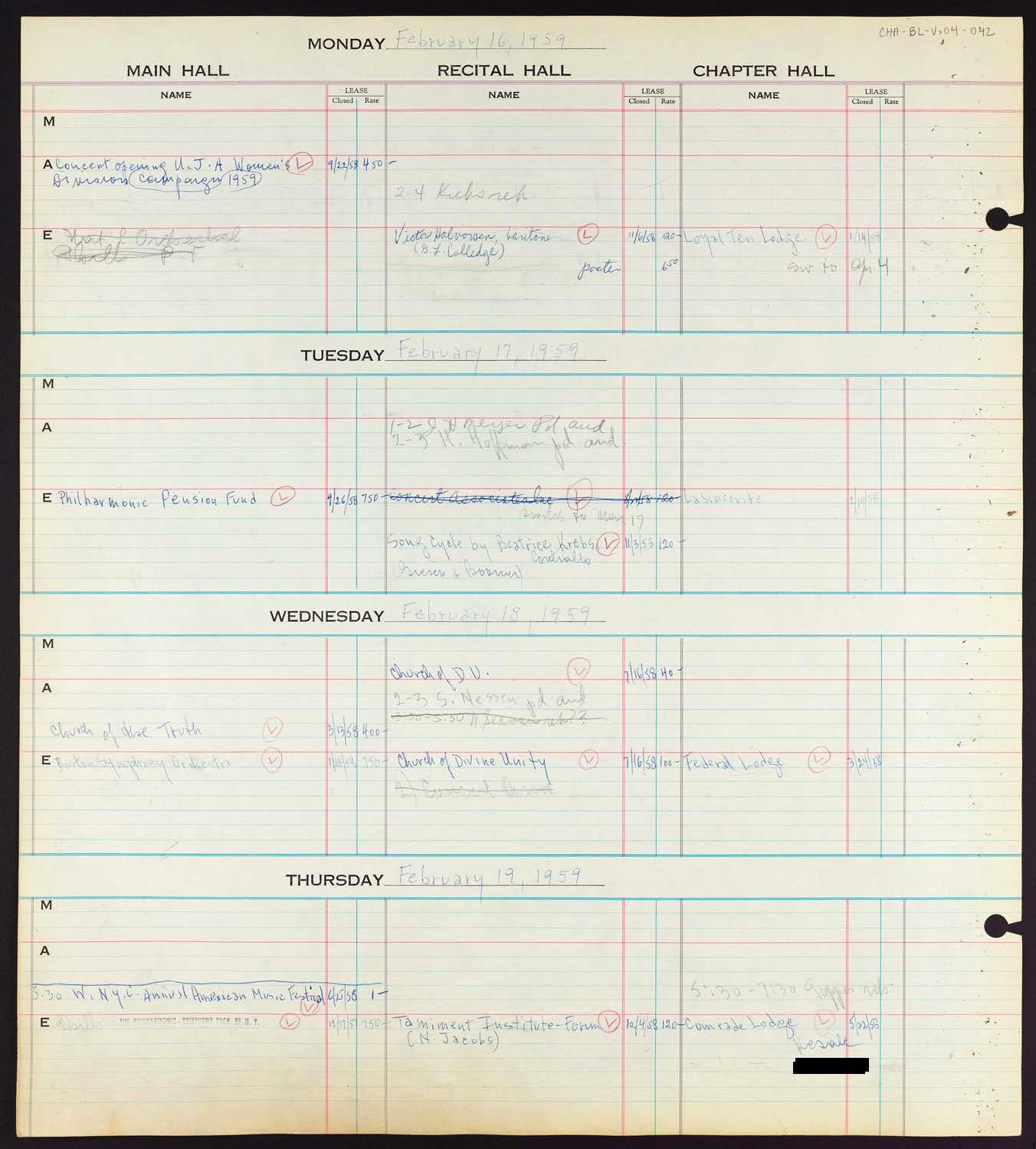 Carnegie Hall Booking Ledger, volume 4, page 42