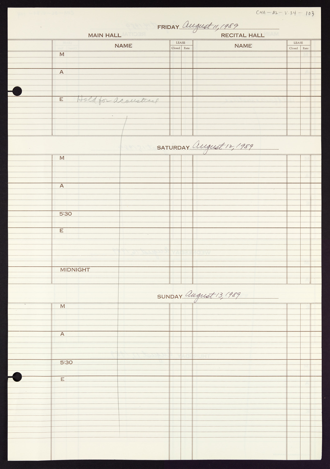 Carnegie Hall Booking Ledger, volume 34, page 103