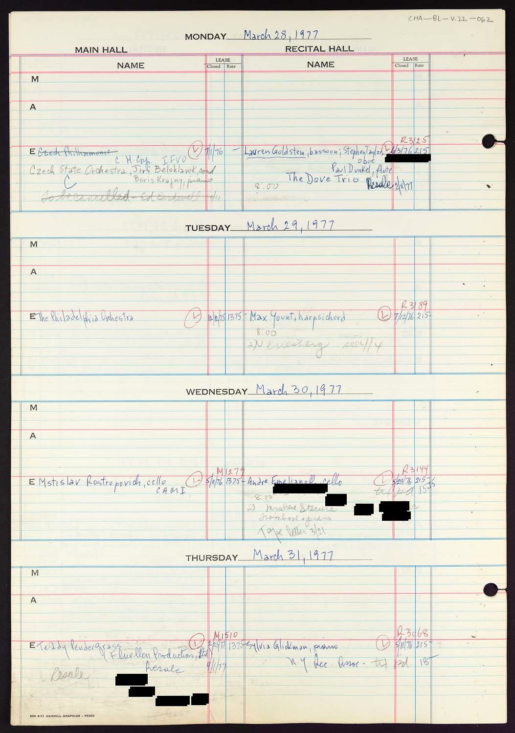 Carnegie Hall Booking Ledger, volume 22, page 62