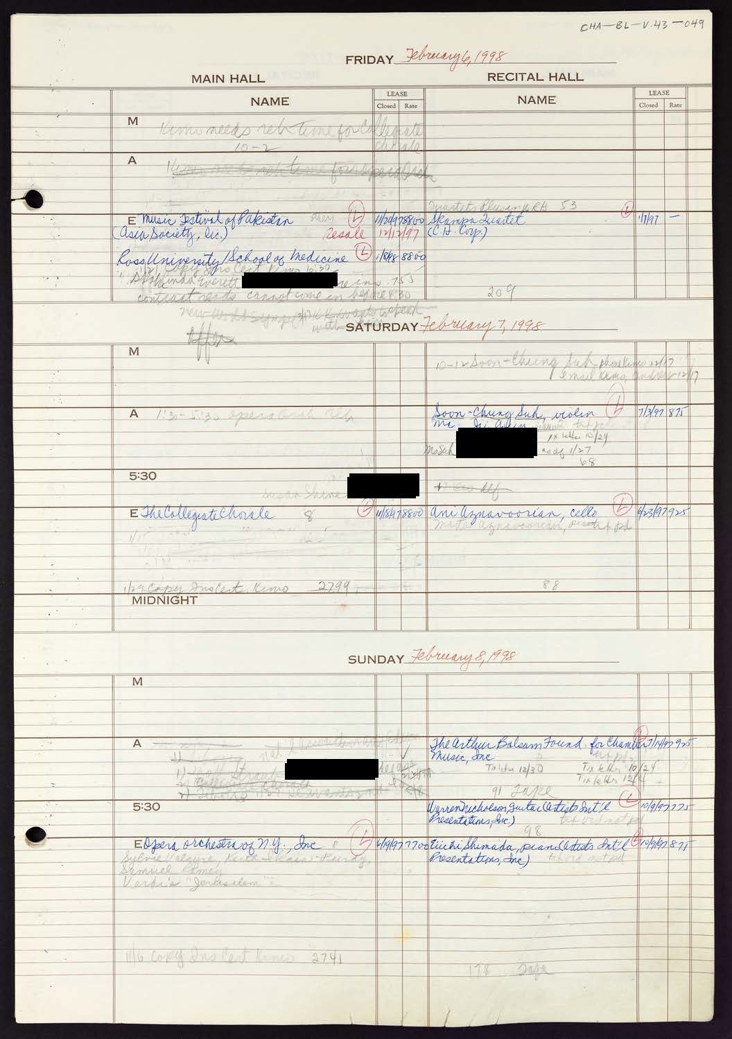 Carnegie Hall Booking Ledger, volume 43, page 49