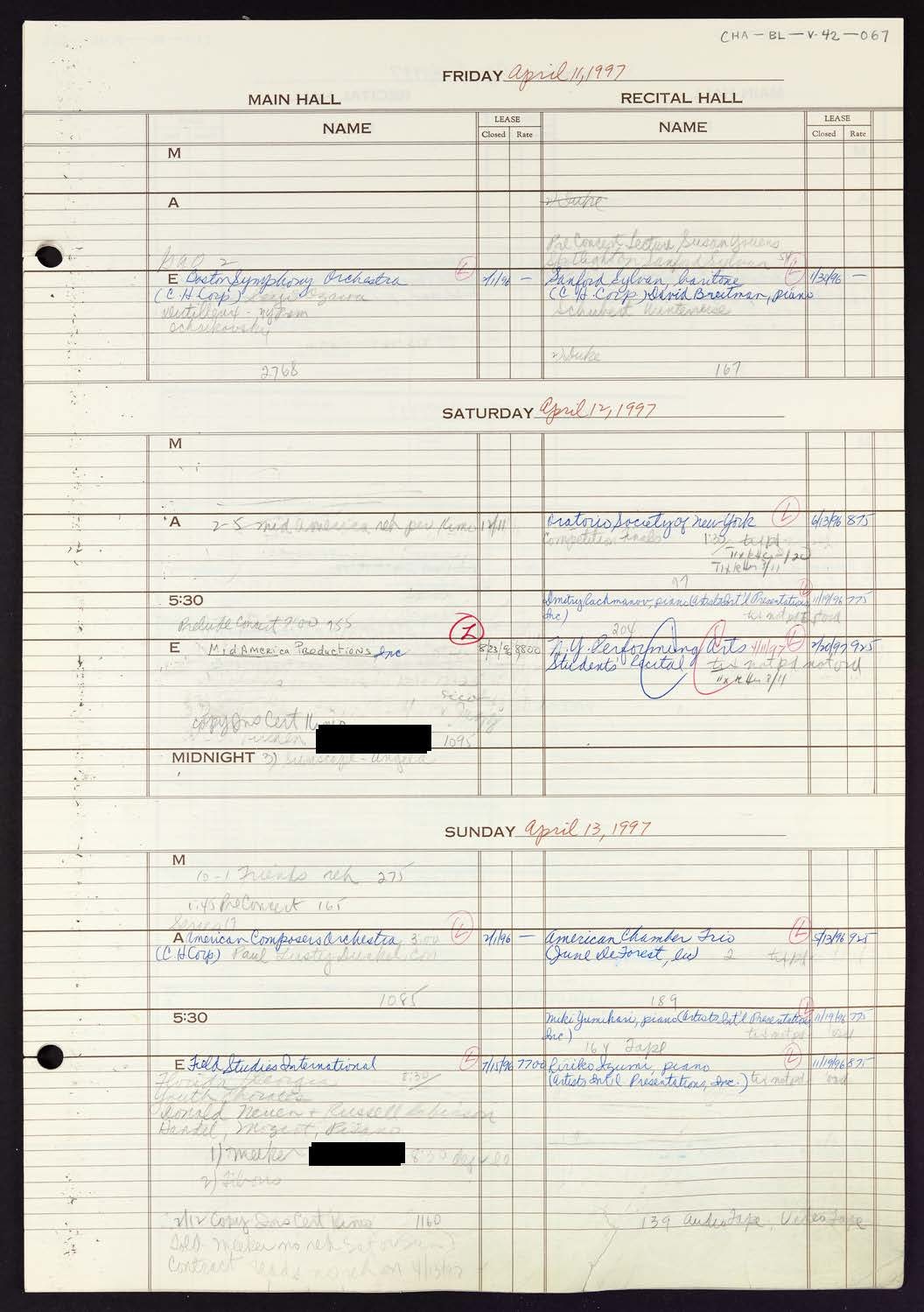 Carnegie Hall Booking Ledger, volume 42, page 67