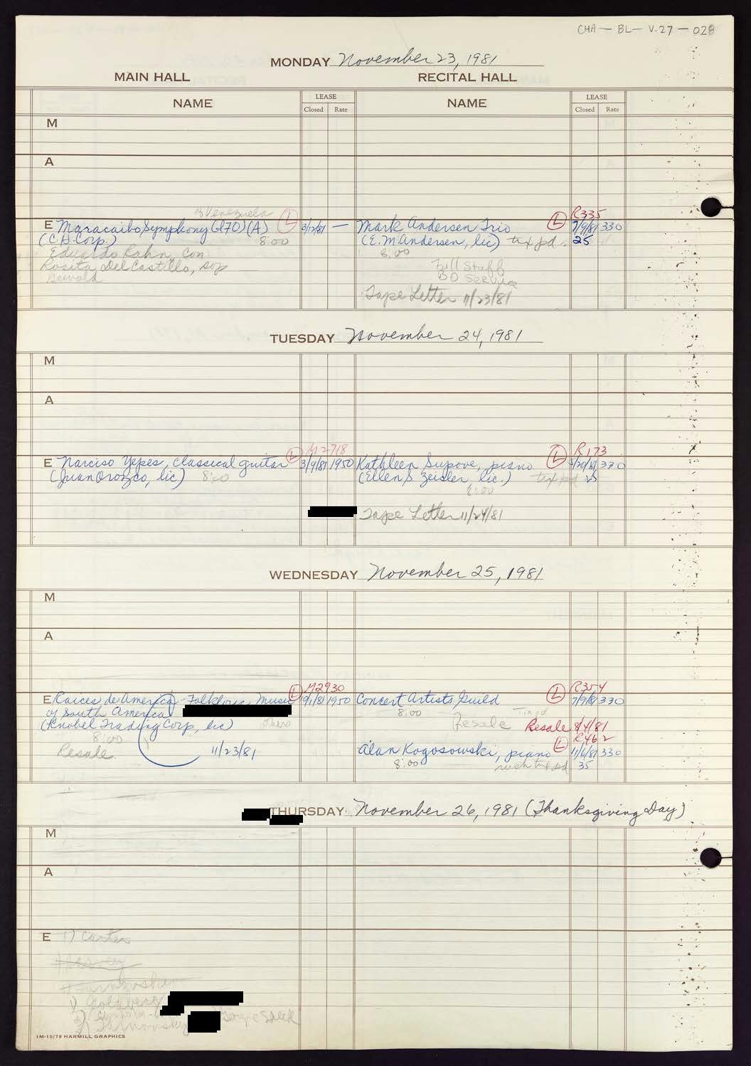 Carnegie Hall Booking Ledger, volume 27, page 28