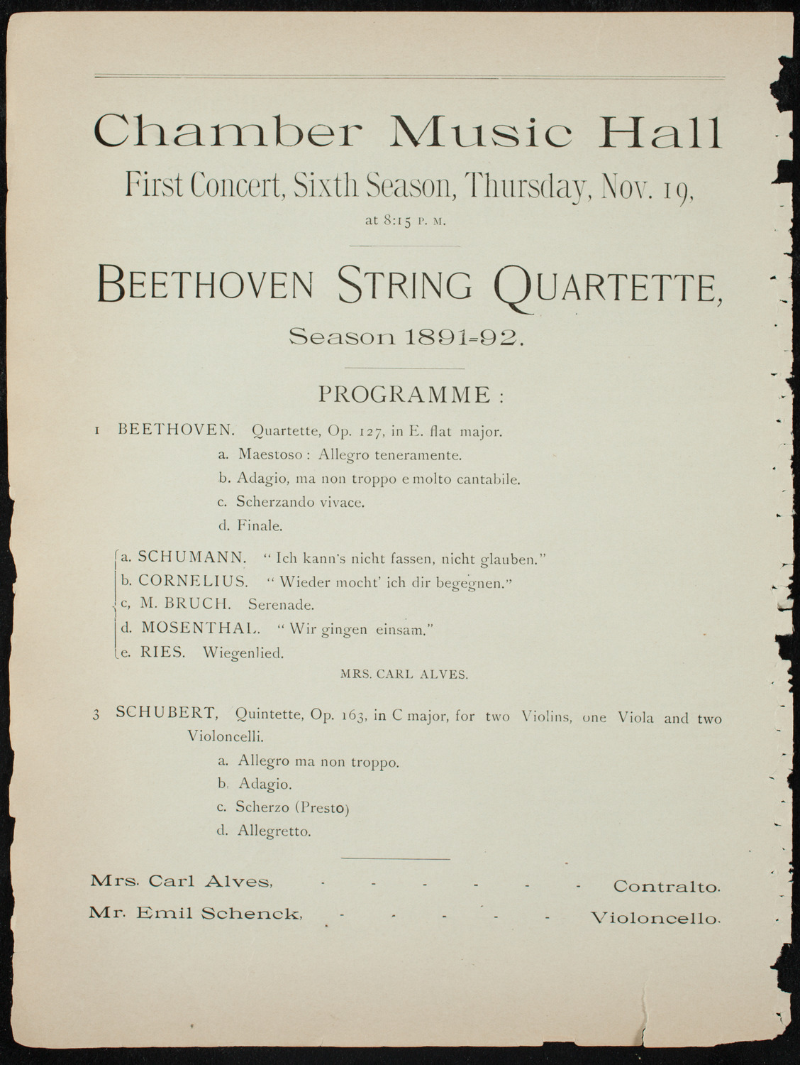 Beethoven String Quartette, November 19, 1891, program page 6