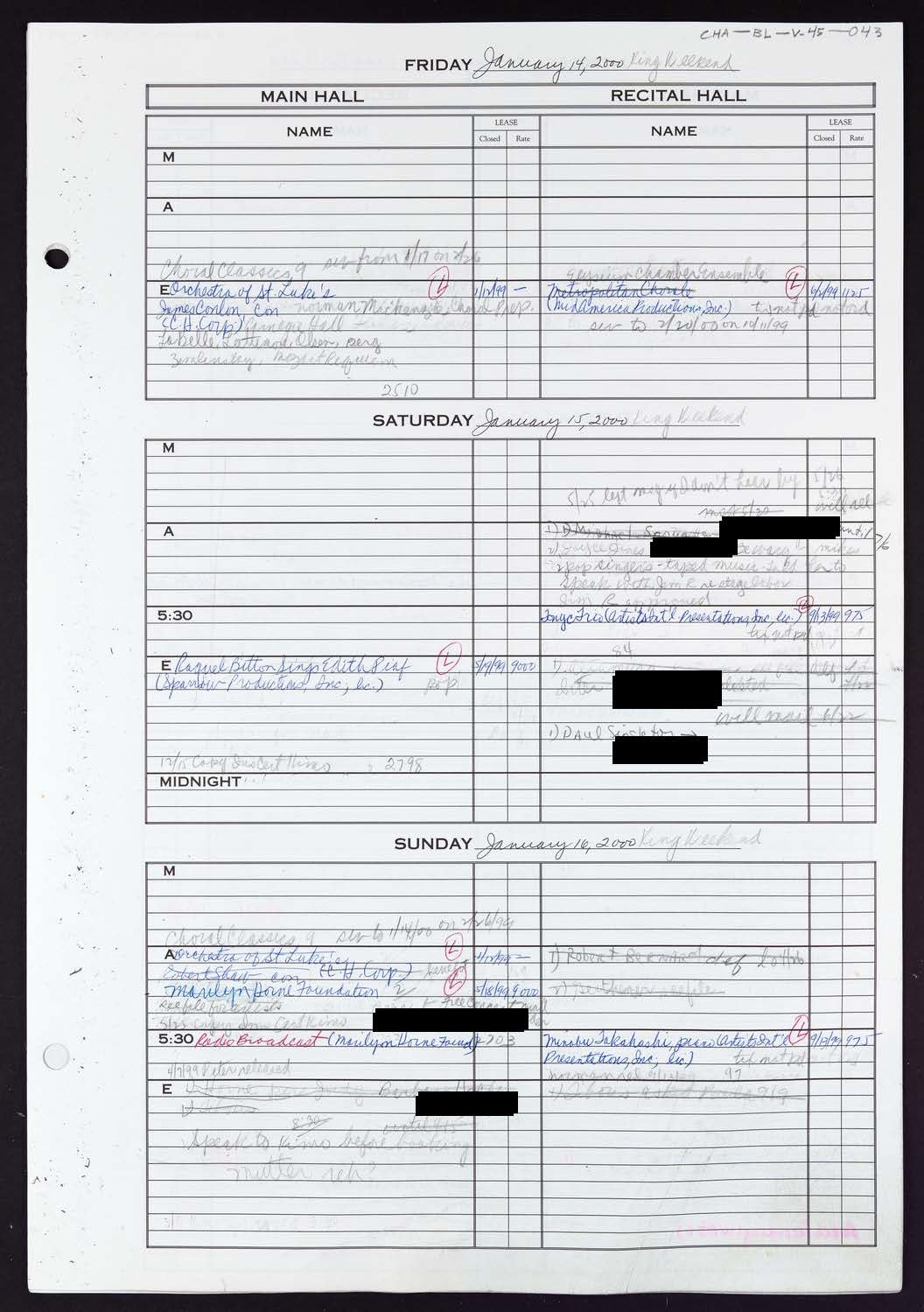 Carnegie Hall Booking Ledger, volume 45, page 43