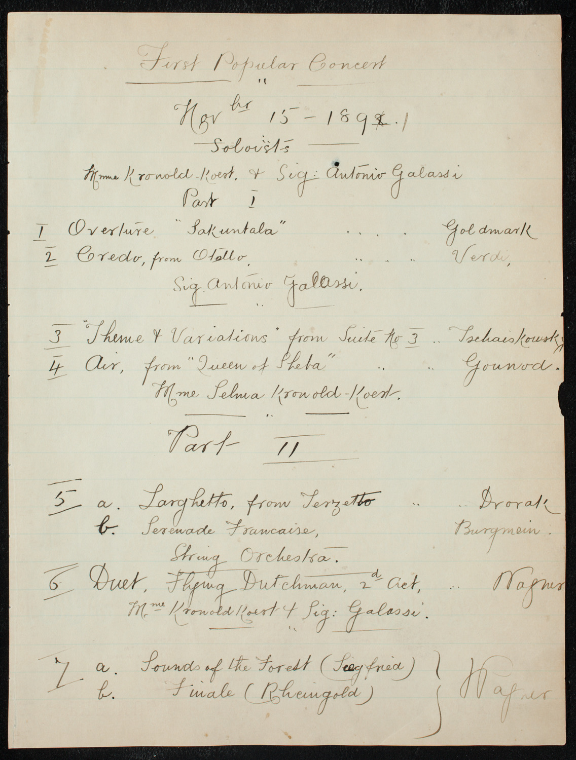 Damrosch Sunday Concert, November 15, 1891, program page 17