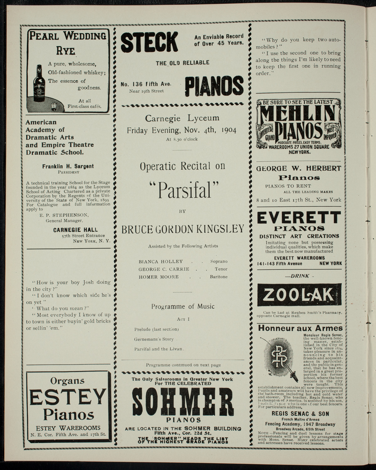 Bruce Gordon Kingsley/ Operatic Recital on Parsifal, November 4, 1904, program page 2