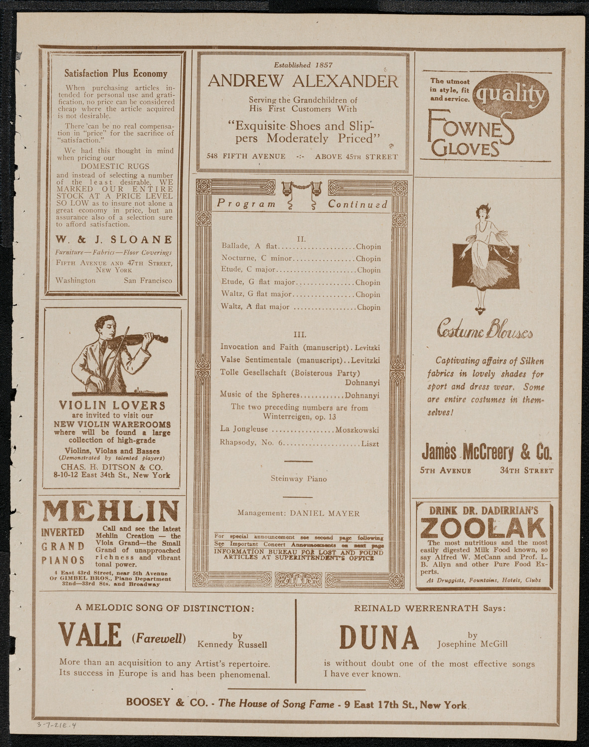Mischa Levitzki, Piano, March 7, 1921, program page 7