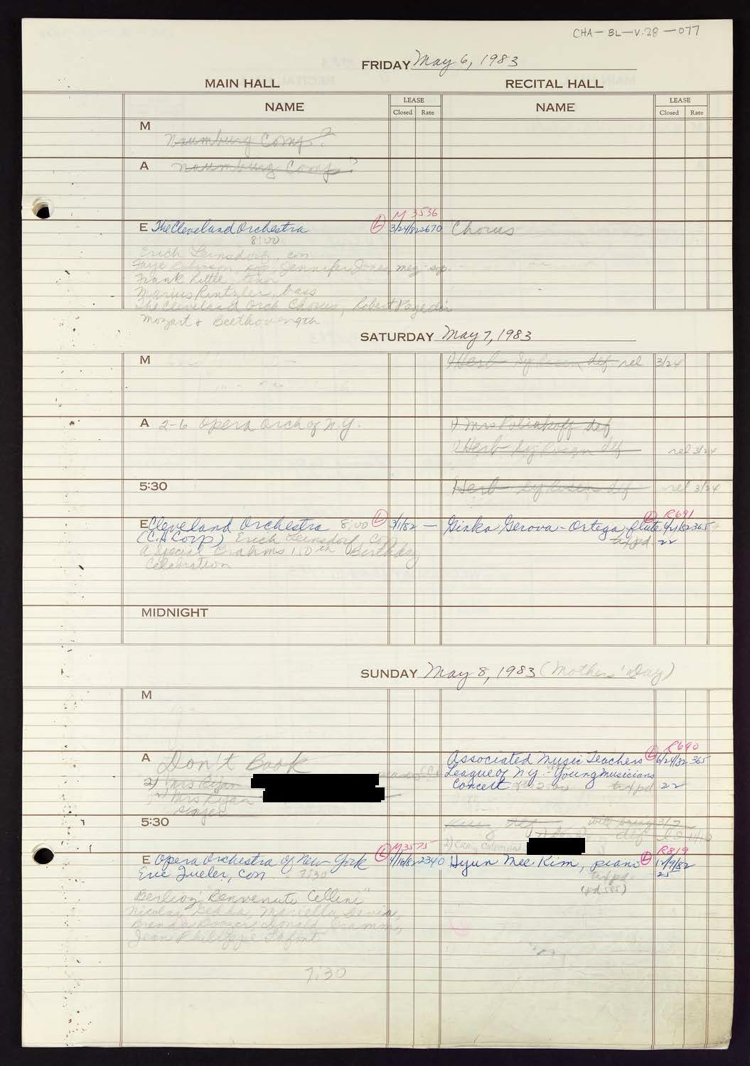 Carnegie Hall Booking Ledger, volume 28, page 77