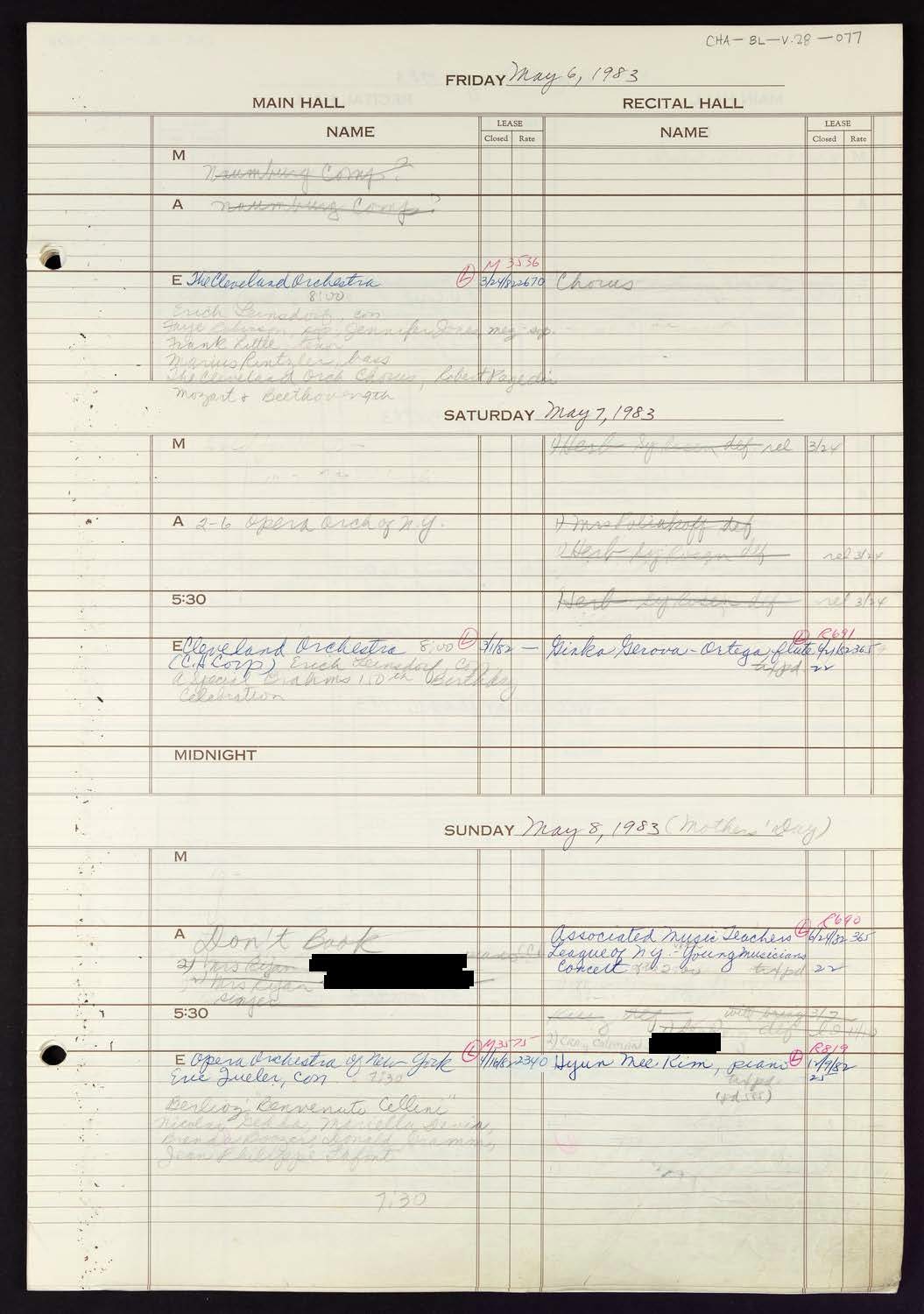 Carnegie Hall Booking Ledger, volume 28, page 77