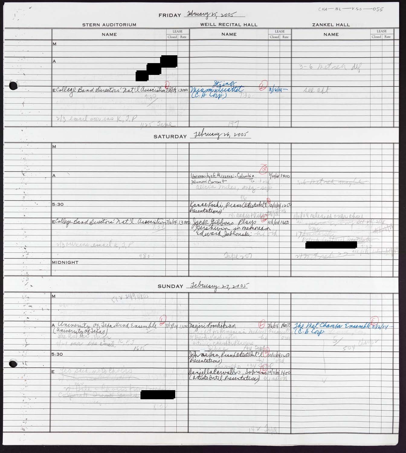 Carnegie Hall Booking Ledger, volume 50, page 55