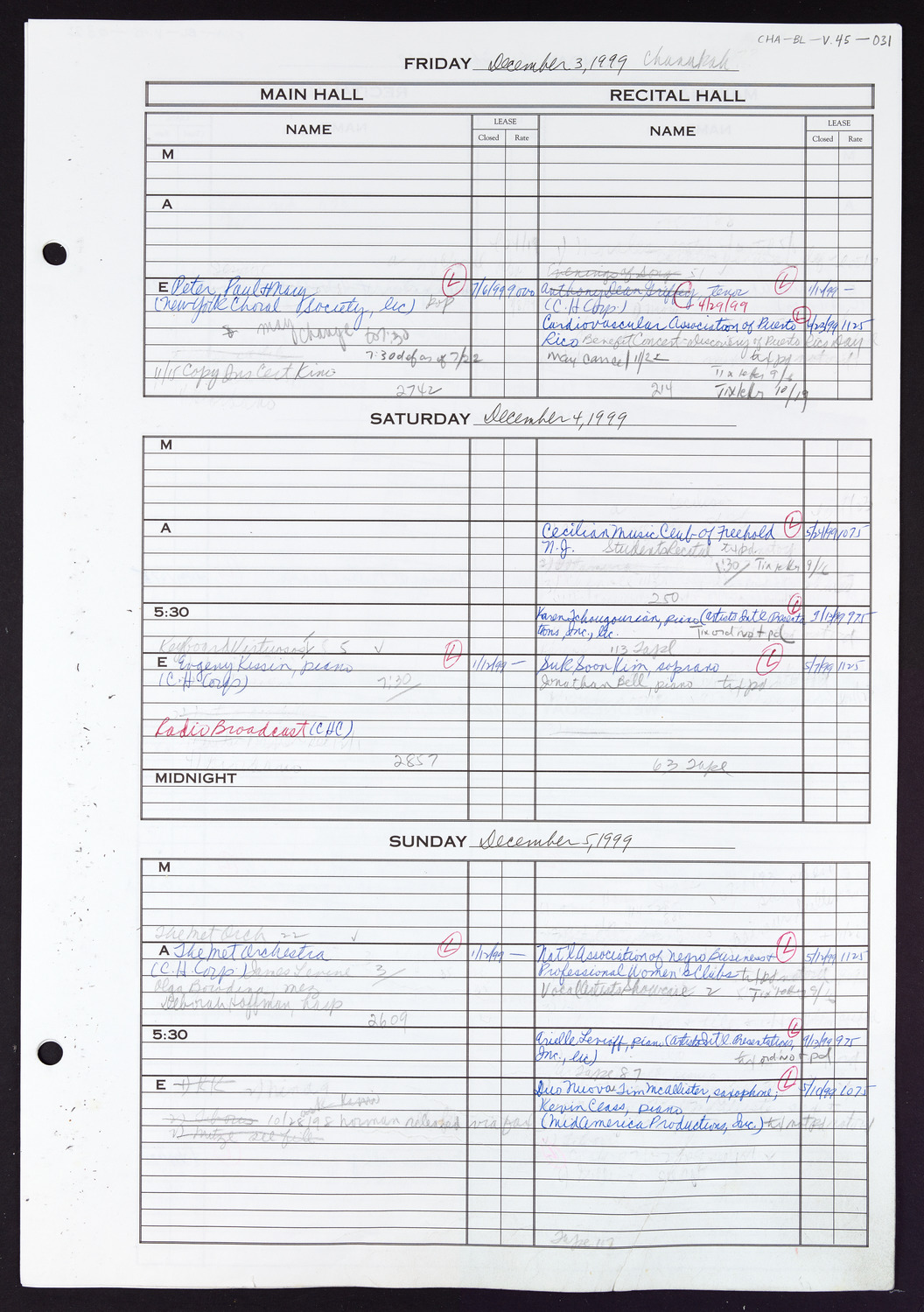 Carnegie Hall Booking Ledger, volume 45, page 31