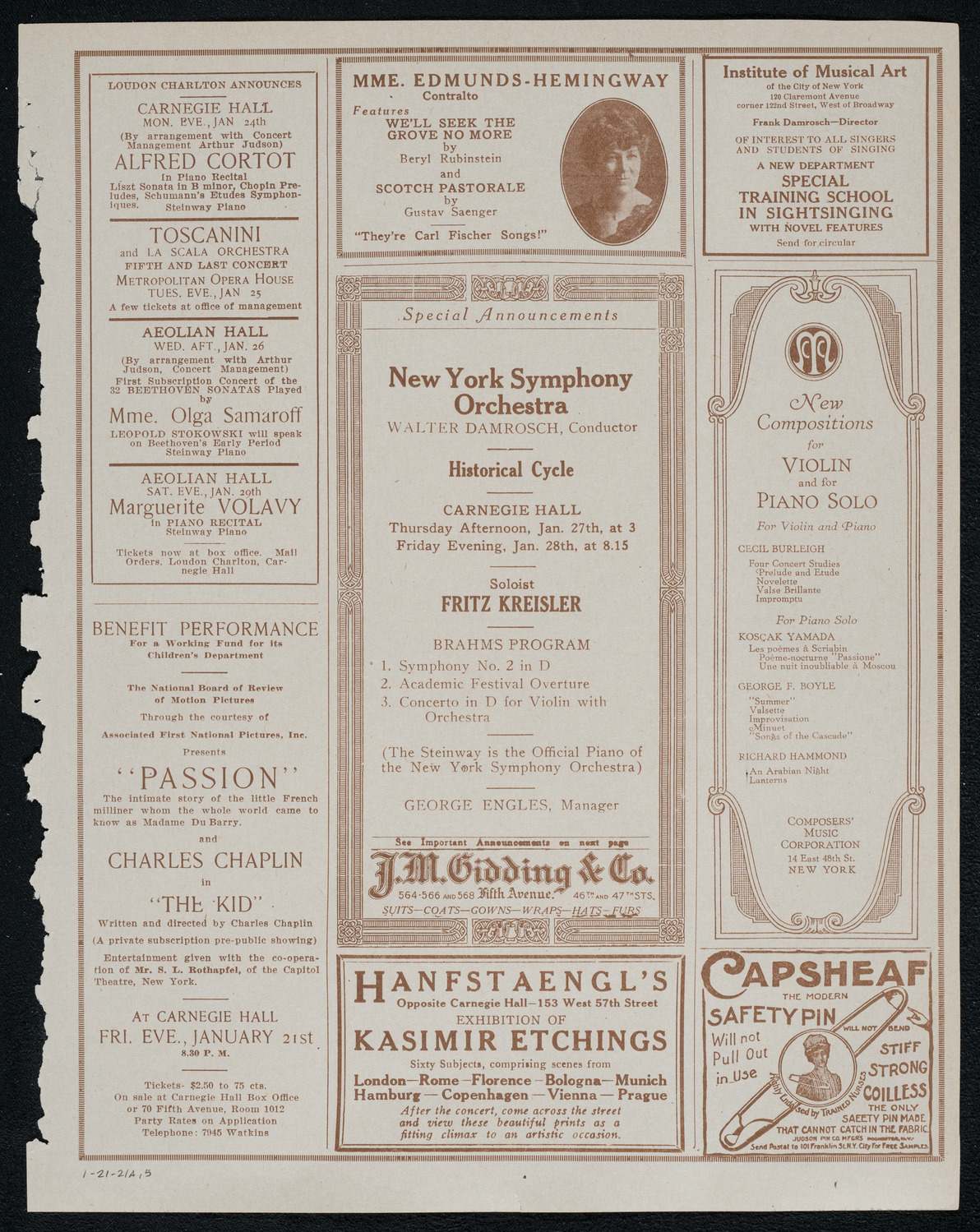 New York Philharmonic, January 21, 1921, program page 9