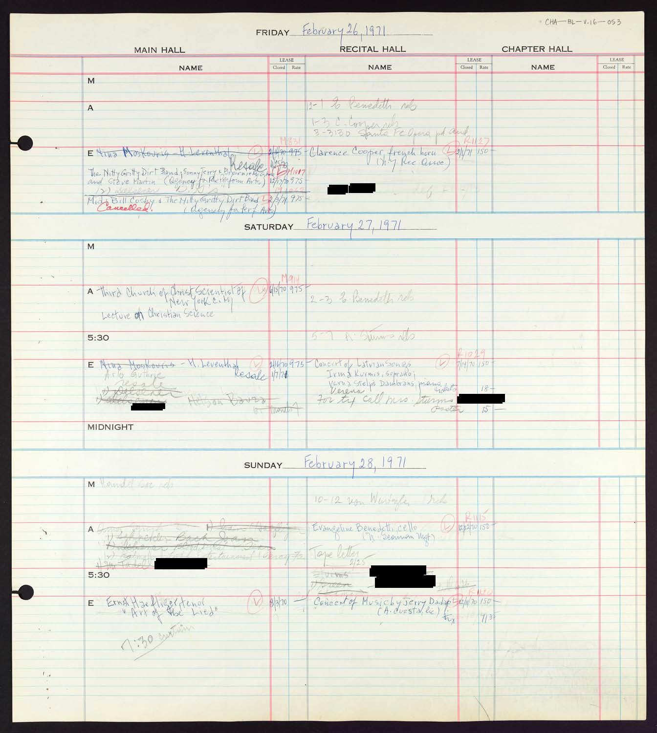 Carnegie Hall Booking Ledger, volume 16, page 53