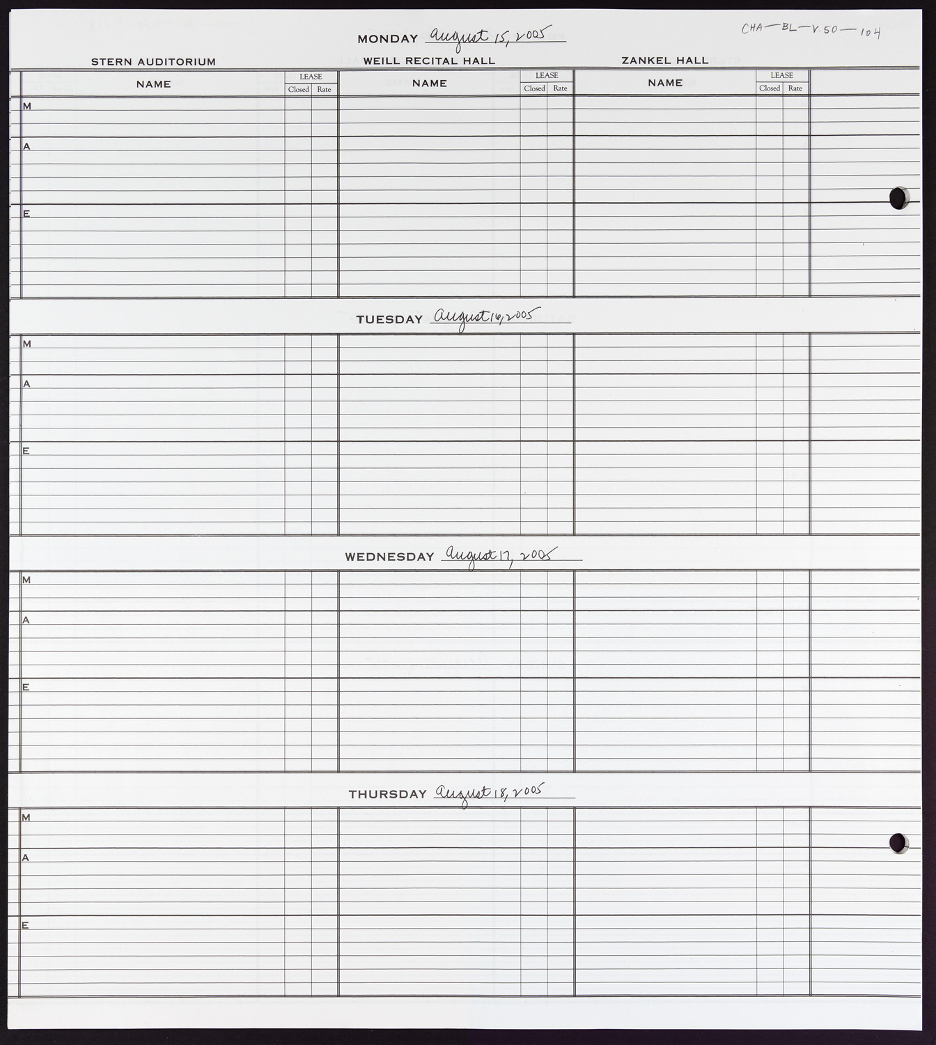 Carnegie Hall Booking Ledger, volume 50, page 104