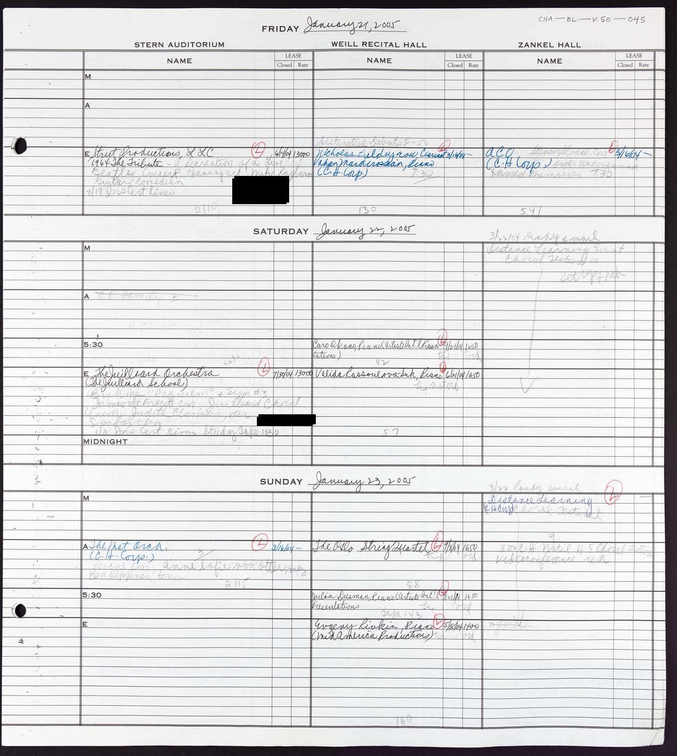 Carnegie Hall Booking Ledger, volume 50, page 45