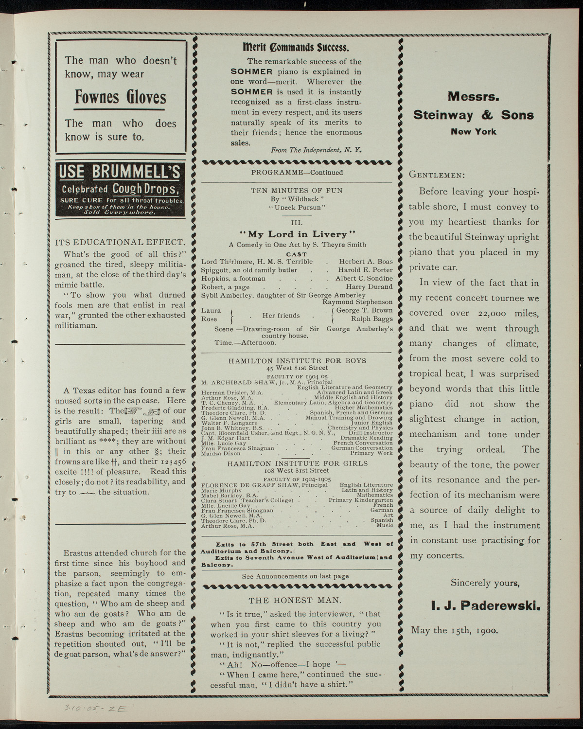 Hamilton Institute for Boys Dramatic Association, March 10, 1905, program page 3