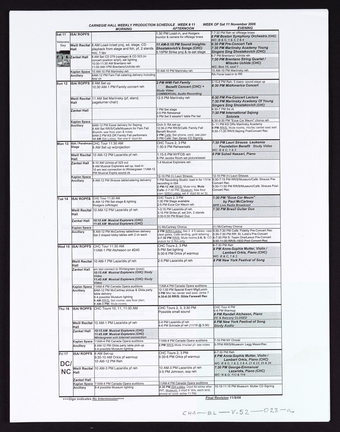 Carnegie Hall Booking Ledger, volume 52, page 23a