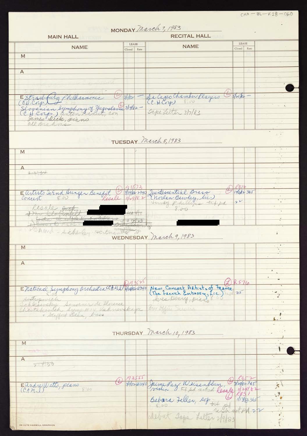 Carnegie Hall Booking Ledger, volume 28, page 60