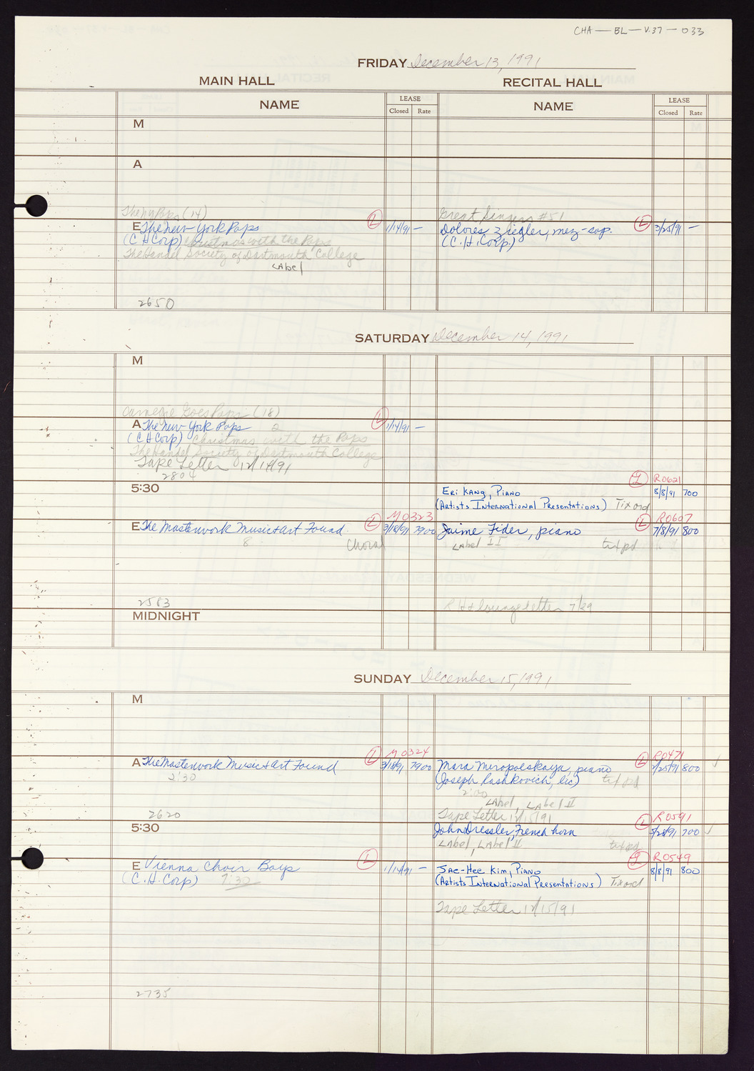 Carnegie Hall Booking Ledger, volume 37, page 33