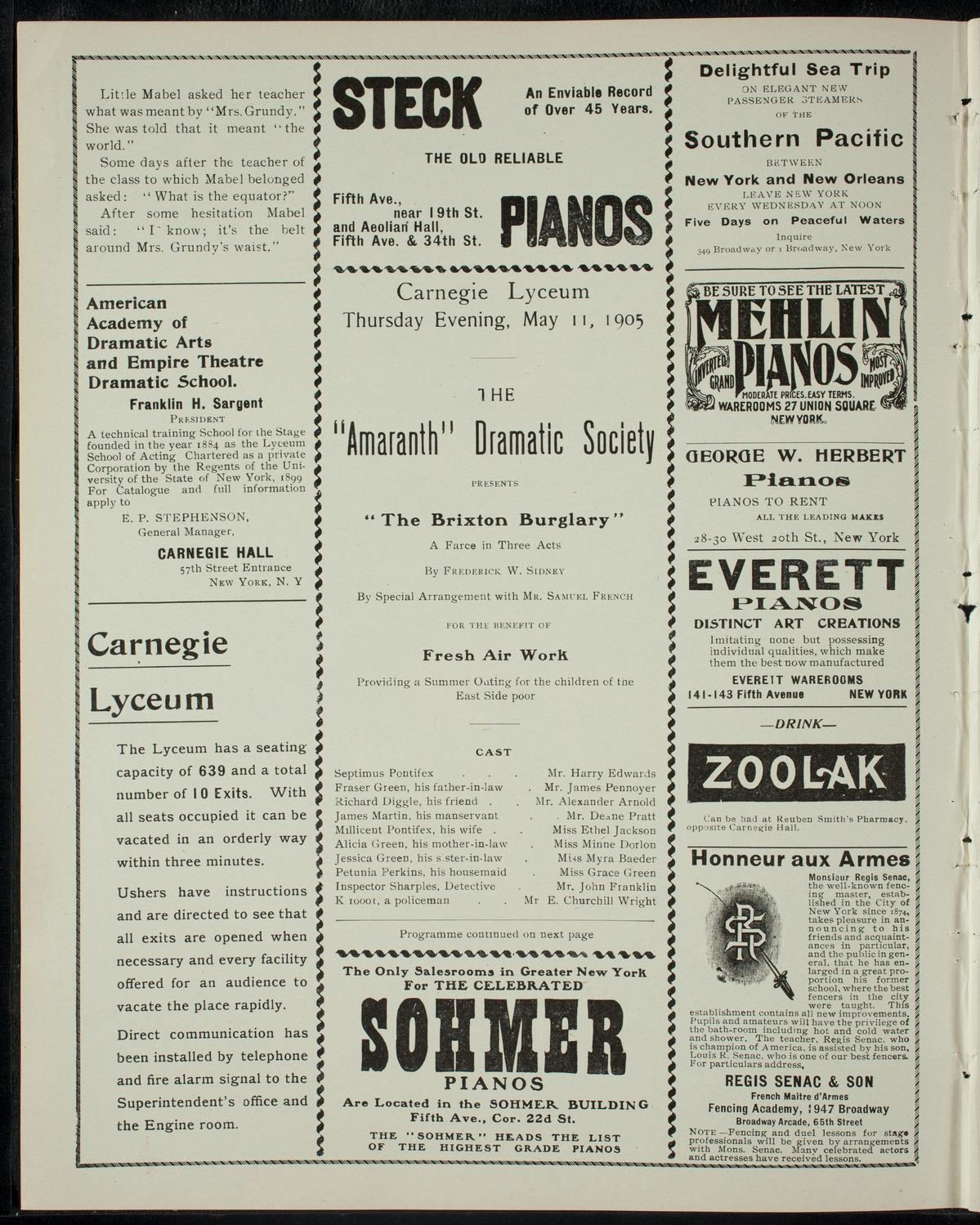 Amaranth Dramatic Society, May 11, 1905, program page 2