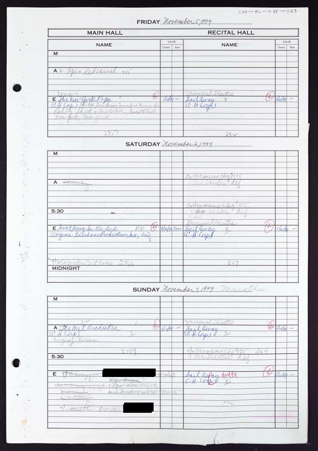 Carnegie Hall Booking Ledger, volume 45, page 23