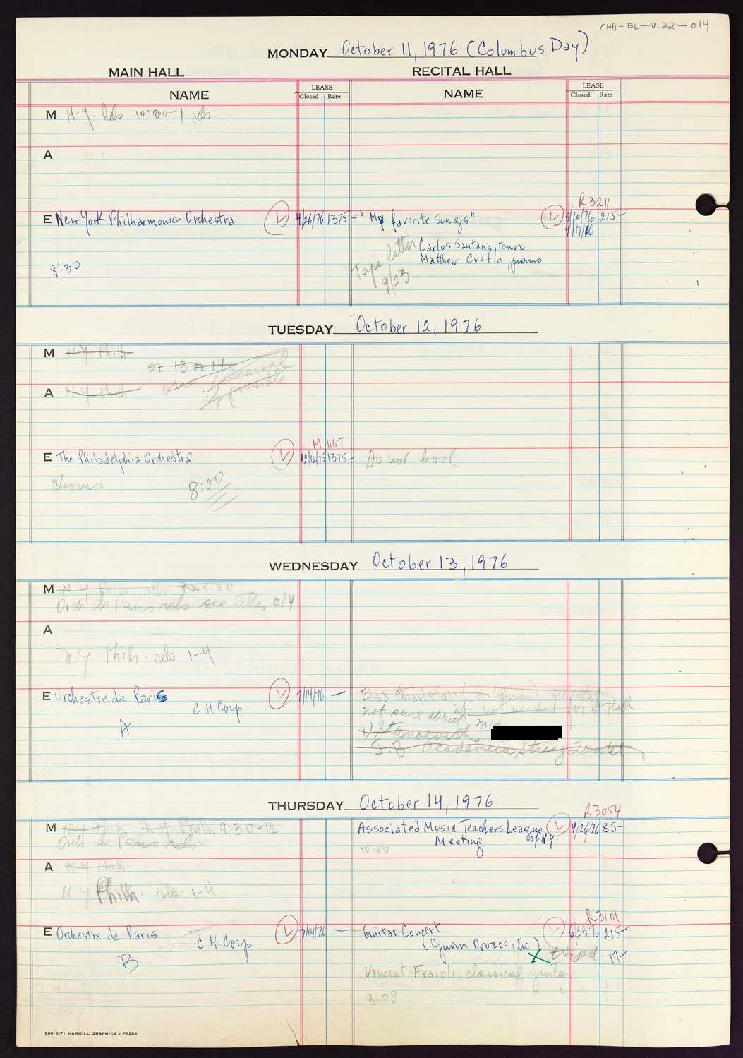 Carnegie Hall Booking Ledger, volume 22, page 14