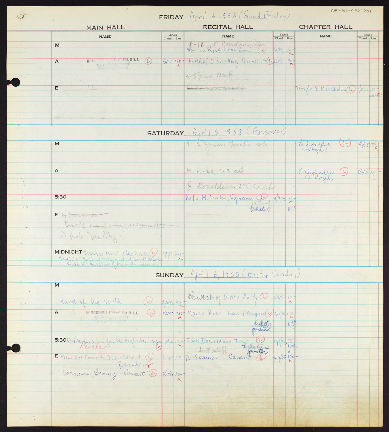 Carnegie Hall Booking Ledger, volume 3, page 57