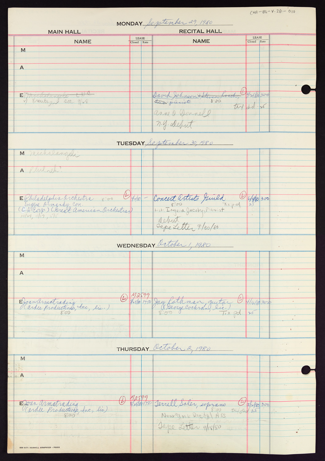 Carnegie Hall Booking Ledger, volume 26, page 10