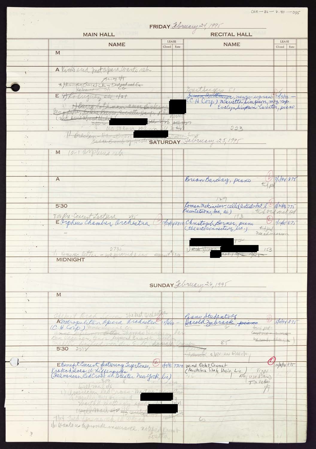 Carnegie Hall Booking Ledger, volume 40, page 55